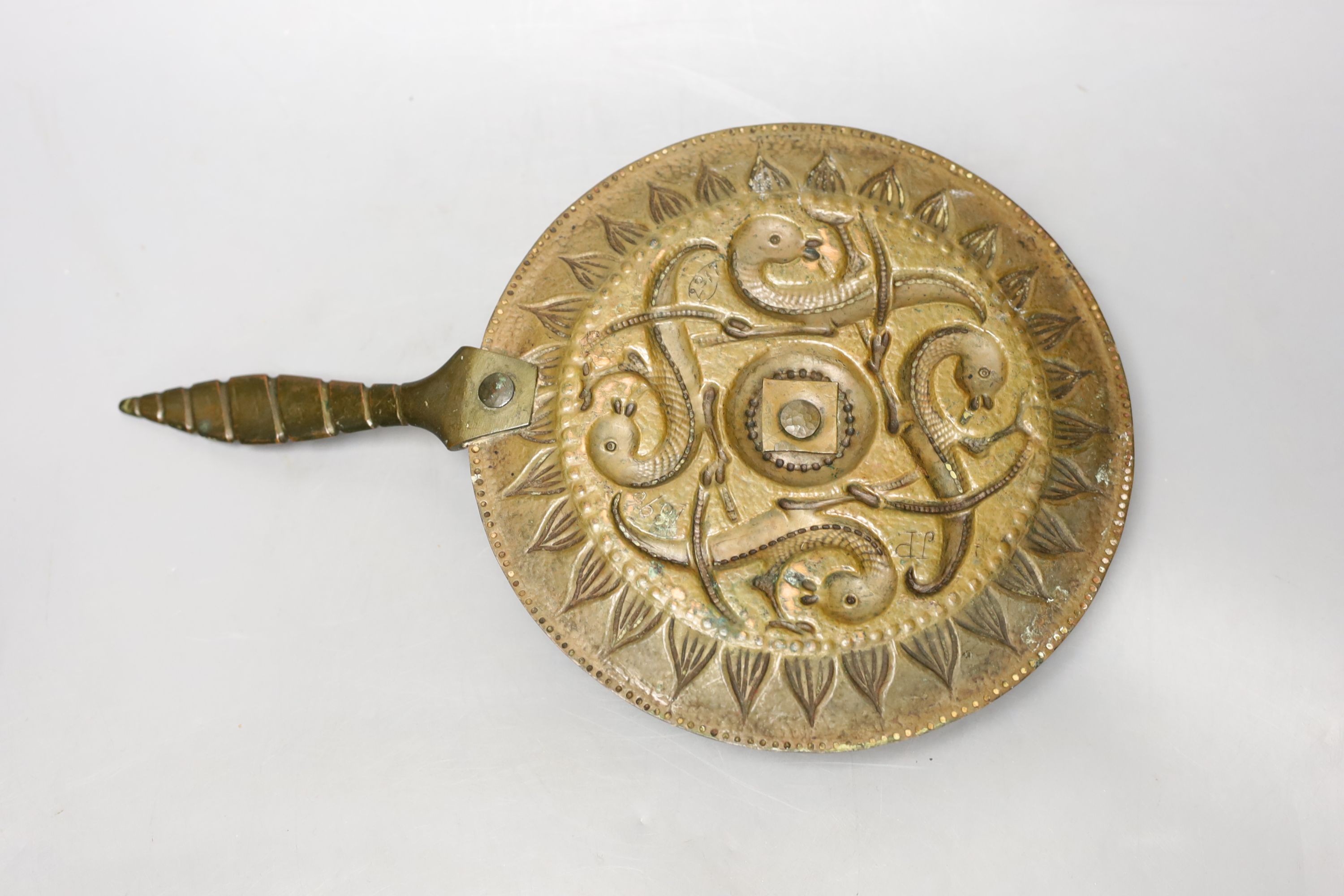 John Pearson (1859-1930) - an Arts & Crafts copper and brass chamberstick, length 33.5cm